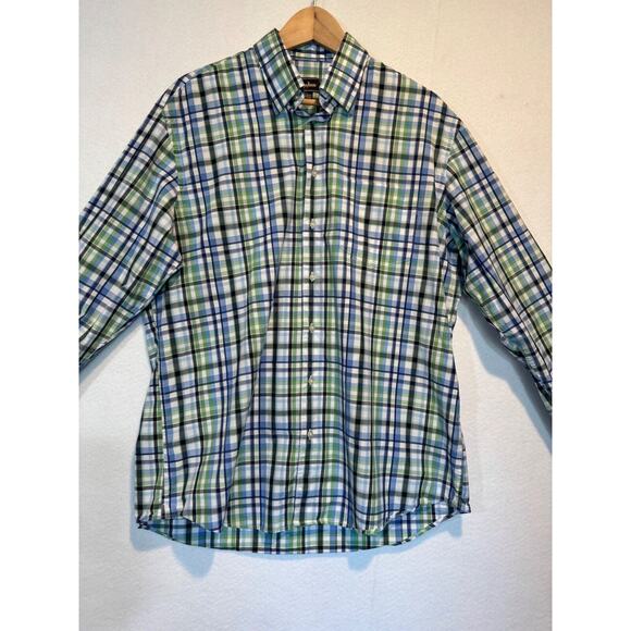 Neiman Marcus Mens Large Plaid Trim Fit Button Up Shirt Blue Green White Plaid - Picture 6 of 12